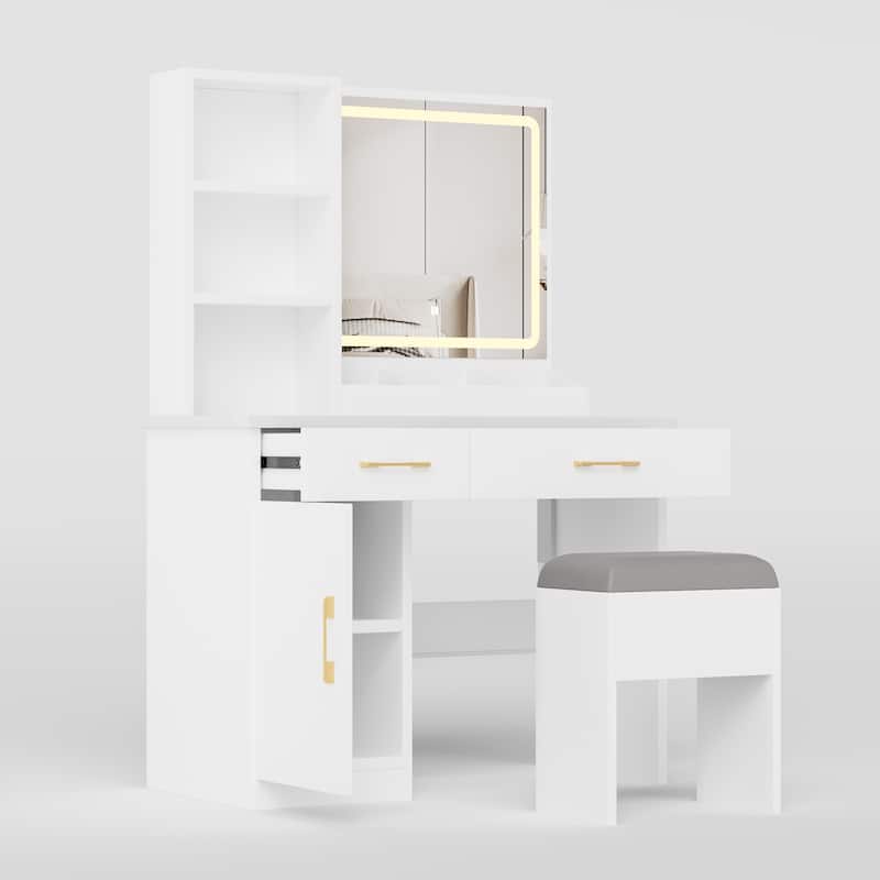 Makeup Vanity Desk with Mirror and Lights, Vanity Table with Power Outlet and 3 Lighting Modes, Dressing Table Set with Stool