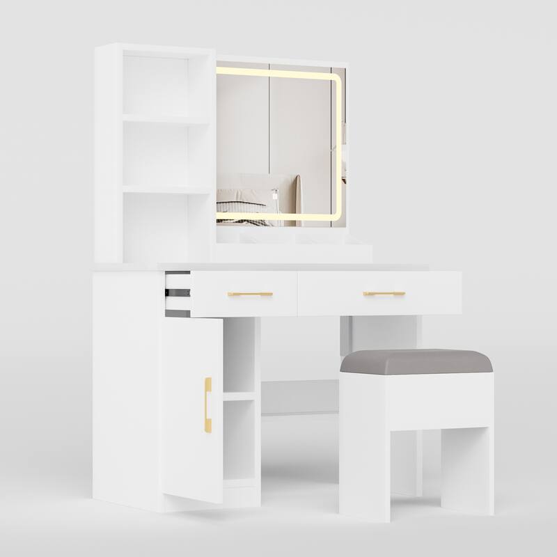 Vanity Desk with Lighten Mirror, 3 Color Mode Brightness Adjustable, ressing Table Set with Cabinet, Drawers, Shelves & Stool