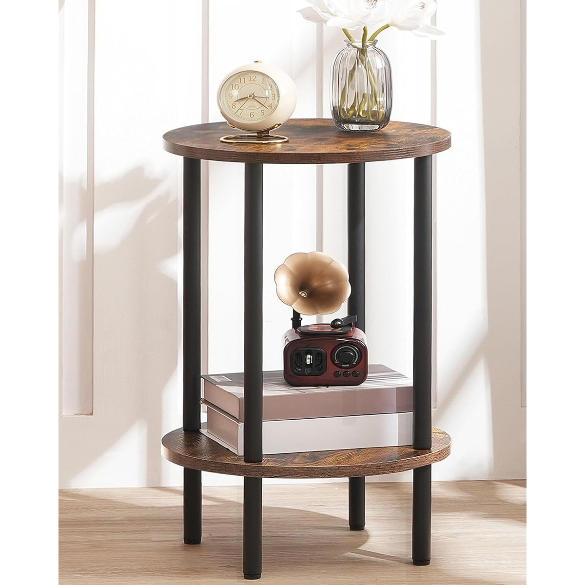 2-Tier Round Side Table with Metal Frame, Industrial Style End Table for Living Room and Bedroom