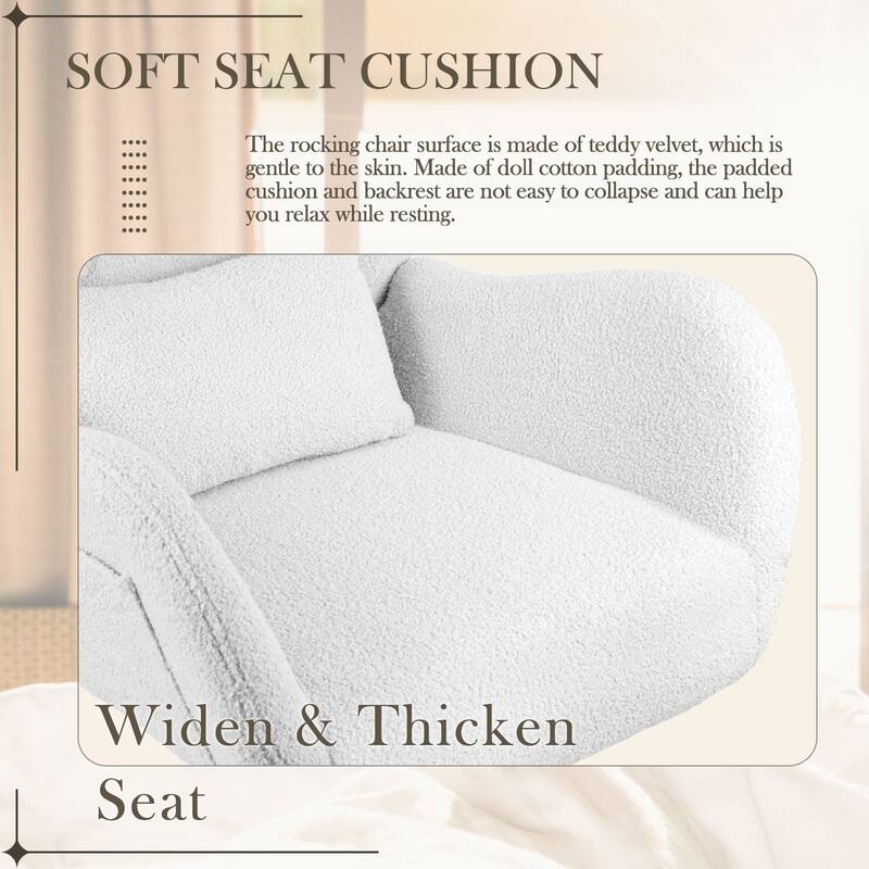 BOSSIN Teddy Fabric Nursery Rocking Chair with Side Pocket, High Backrest Accent Chair with Padded Seat and Headrest