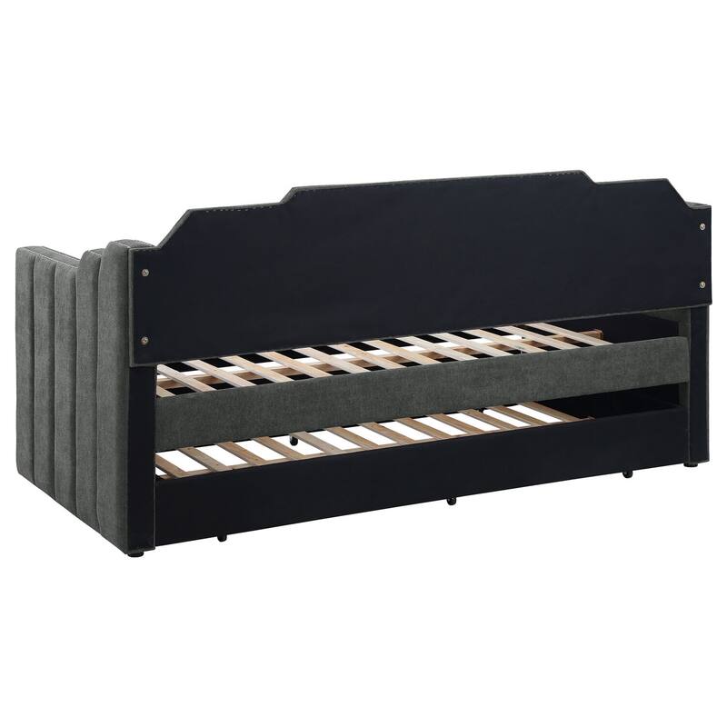 Charcoal Velvet Upholstered Twin Daybed with Channel Tufting, Nailhead Trim and Hidden Trundle for Guestroom