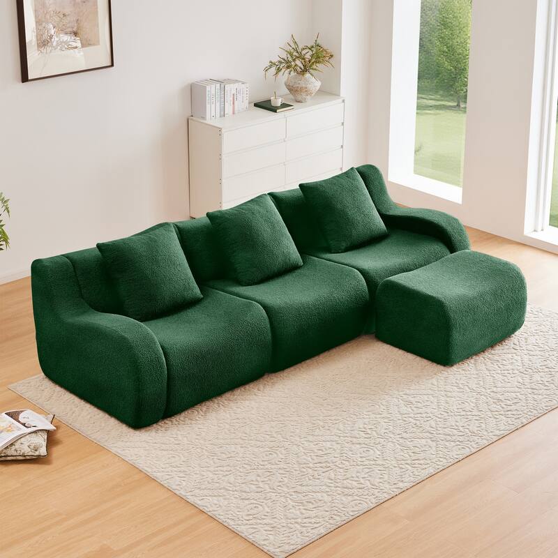115.3" L-Shaped Boneless Sectional Sofa with Ottoman, Curved Armrests, Teddy Fabric Floor Upholstered Sofa for Living Room