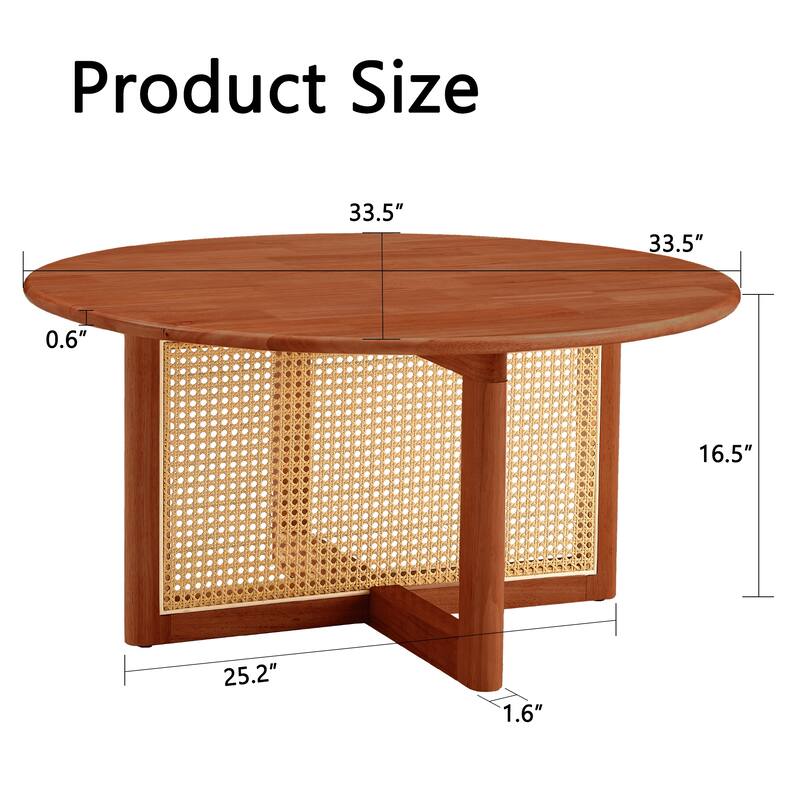Modern Dark Red Wooden Coffee Table Solid Wood Rattan Coffee Table with Artificial Rattan, for Living Room