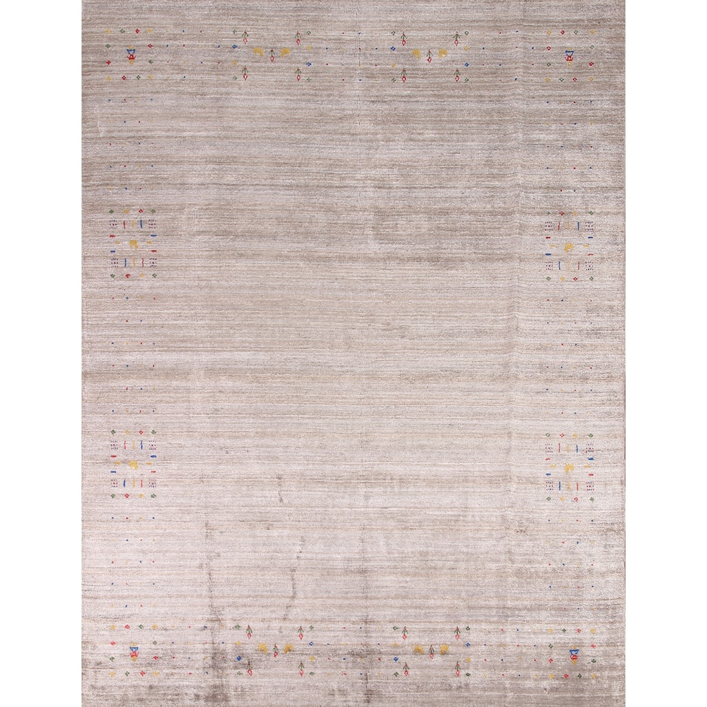 Tribal Gabbeh Oriental Area Rug Handmade Silk Beige Carpet - 8'0" x 9'8"