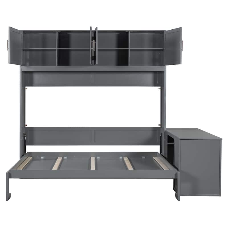 Queen Size Murphy Bed with Storage Shelves and 2 Storage Cabinets, Wooden Foldable Wall Bed Frame with Desk & Hydraulic Lift