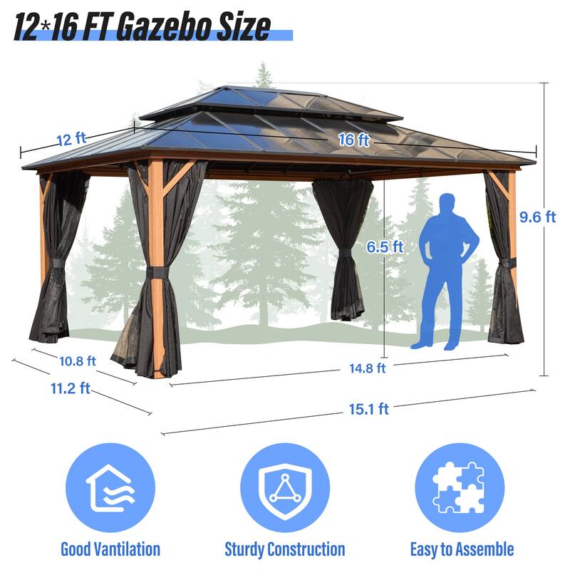 EROMMY Outdoor Wood Gazebo with Double Polycarbonate Roof, Heavy Duty Backyard Patio Pergola Canopy for Garden Shade