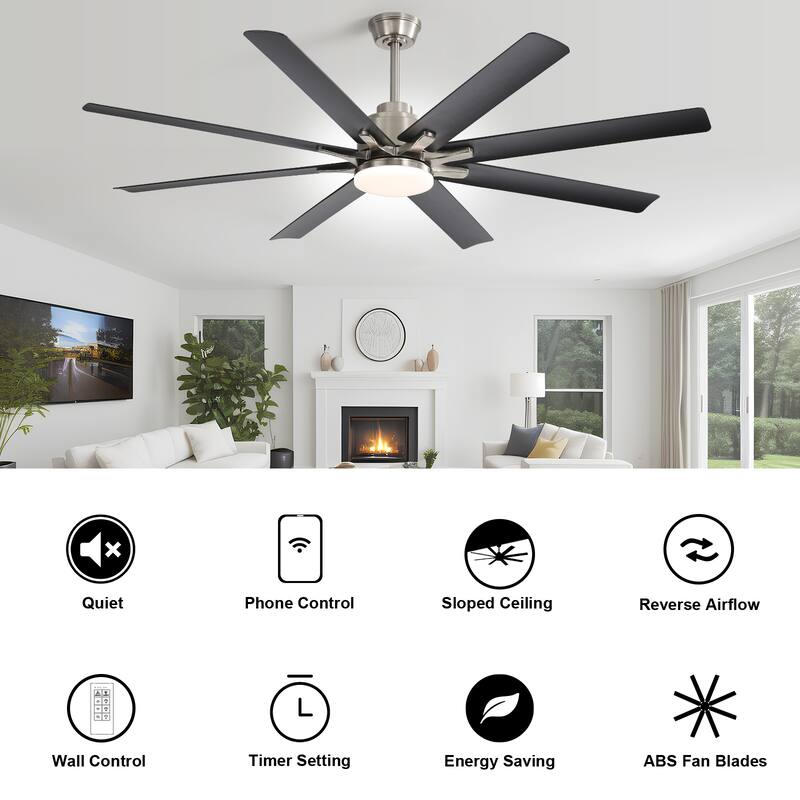 52/66/72/84 Inch Smart Ceiling Fan with Light ,Wall Switch, APP Control,Dimmable LED,8 Blades
