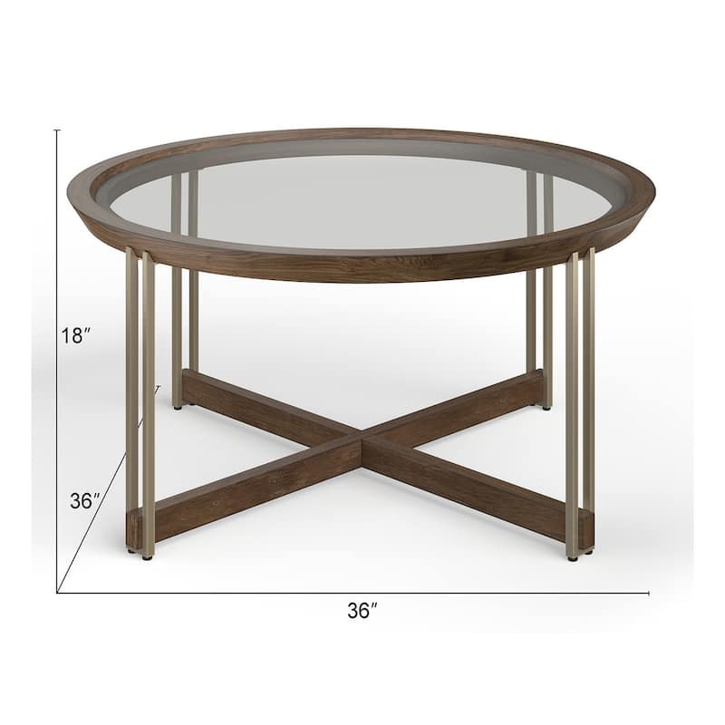 Magnussen Home Elora Walnut And Tarnished Silver and Clear Glass Round Cocktail Table - 36''W x 36''D x 18''H