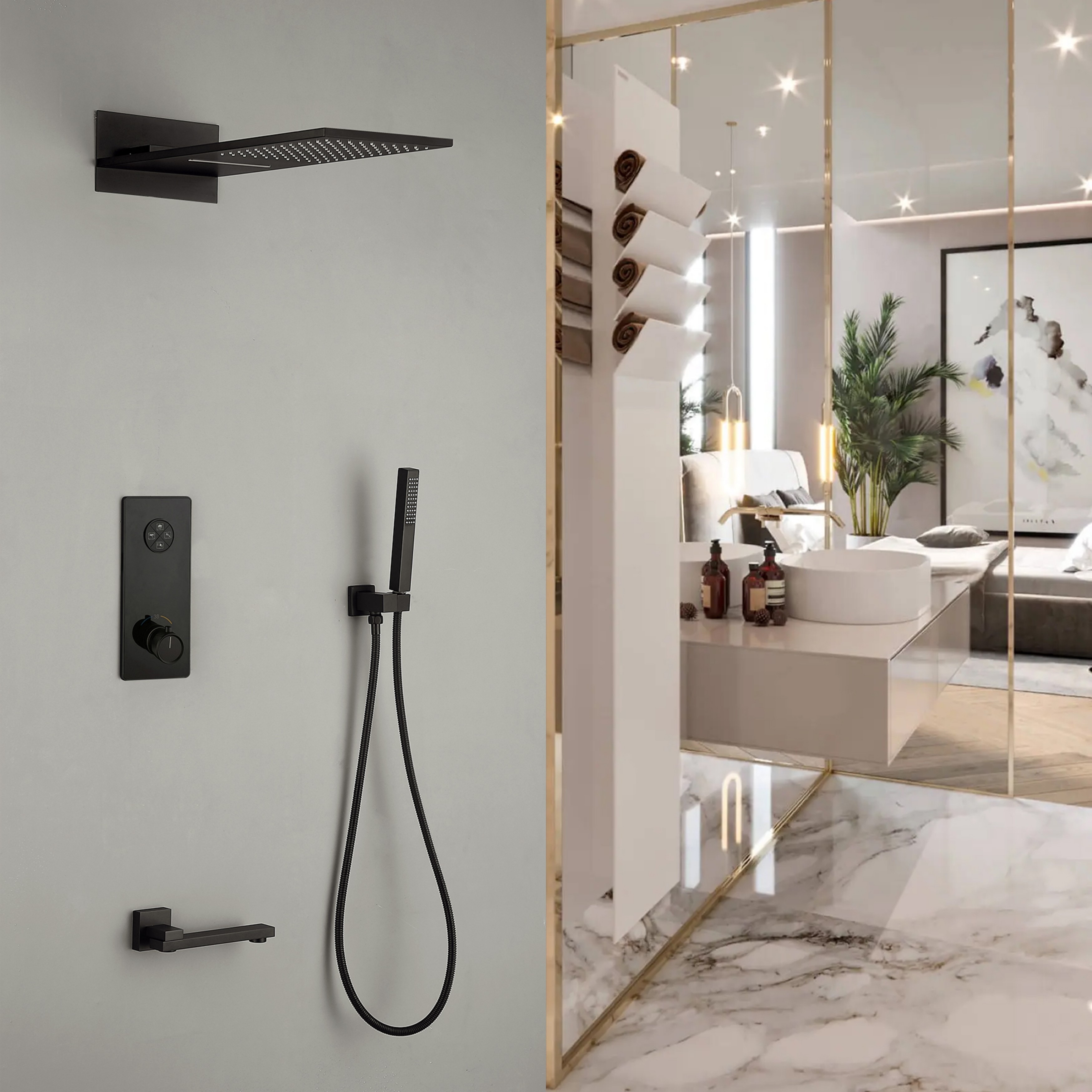 4-Way Thermostatic Tub & Shower Faucet with Rough in-Valve with Rain Shower Heads, Black/Gold