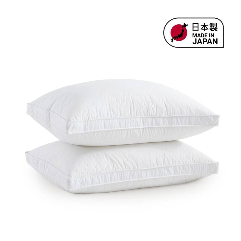 2 Pack 300TC Breathable Cotton Cover Goose Feather Down Pillows Made in Japan - Medium-Firm - Queen