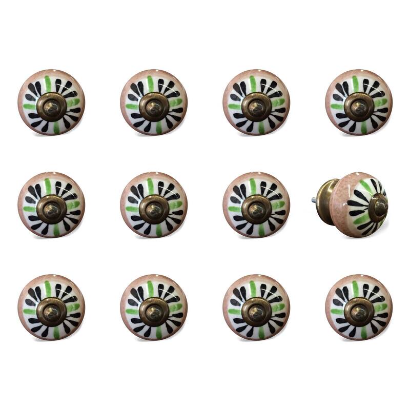 HomeRoots Set of Twelve Black And White Floral Ceramic Drawer Pull Knobs - 1.5" x 1.5" x 1.5"
