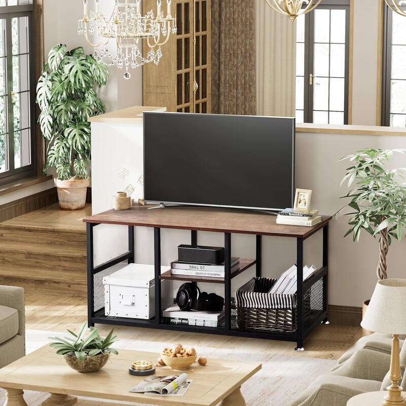 VECELO Industrial TV Stand for Televisions up to 80 Inch,70" Entertainment Center with Open Storage Shelves,Console Table - 39-Inch - Brown
