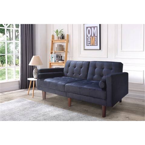 Velvet Tufted Convertible Loveseat Futon Sofa Bed with Manual Recline and 2 Pillows, Black