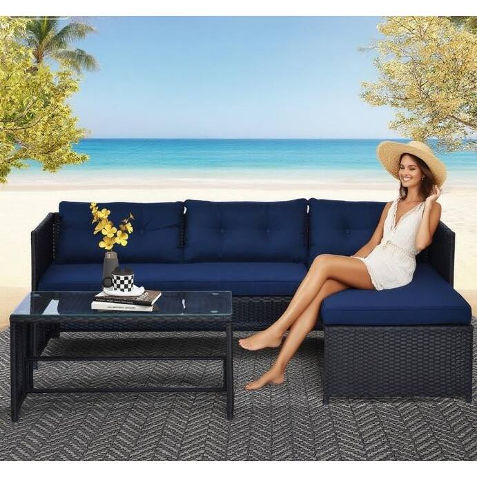 GDFStudio - Sebastian Modular Loveseat and Chaise Patio Sofa Set with Relaxed Sectional Comfort for Outdoor Living - Black - Patio Furniture Set