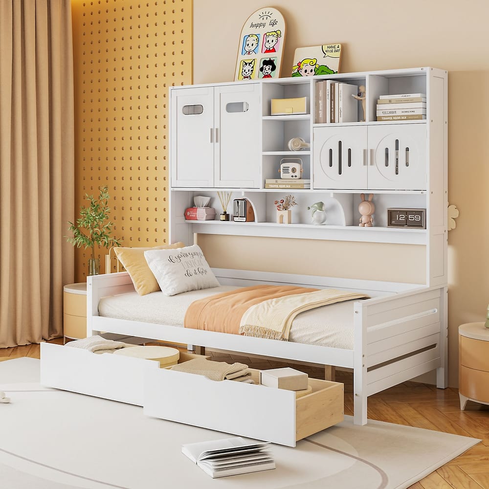 Wooden Daybed with 2 Drawers, All-in-One Cabinet and Shelf for Bedroom