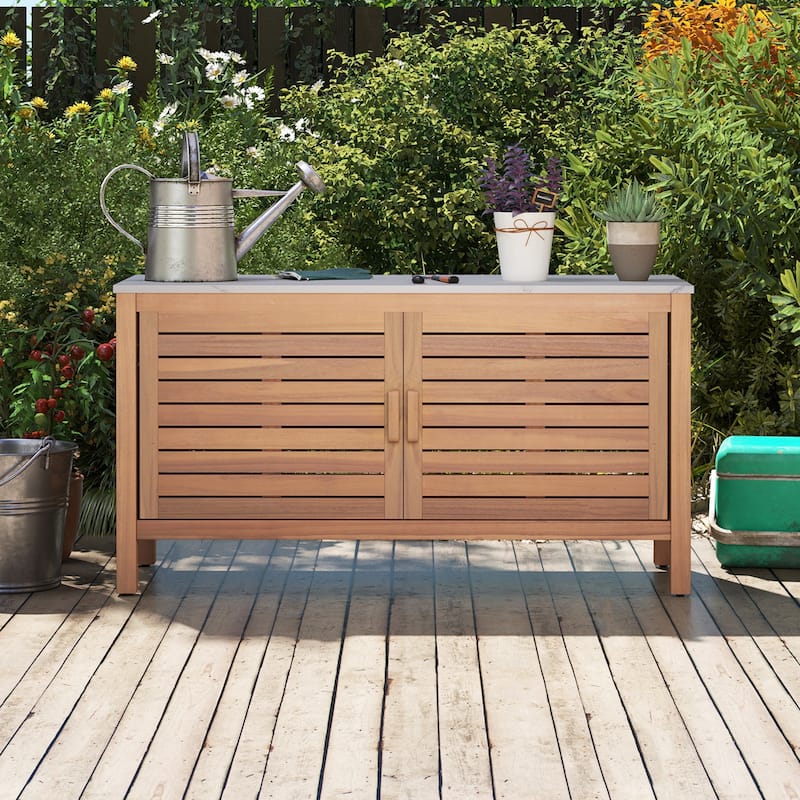 43" Outdoor Wooden Storage Cabinet with Adjustable Shelves and Faux Marble Top Soft-Close Hinges - 43" x 16" x 24"