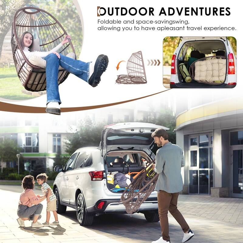 Outdoor Indoor Wicker Foldable Hanging Egg Chair Without Stand, Patio Swing Chair with Cushion, 350 lb Capacity