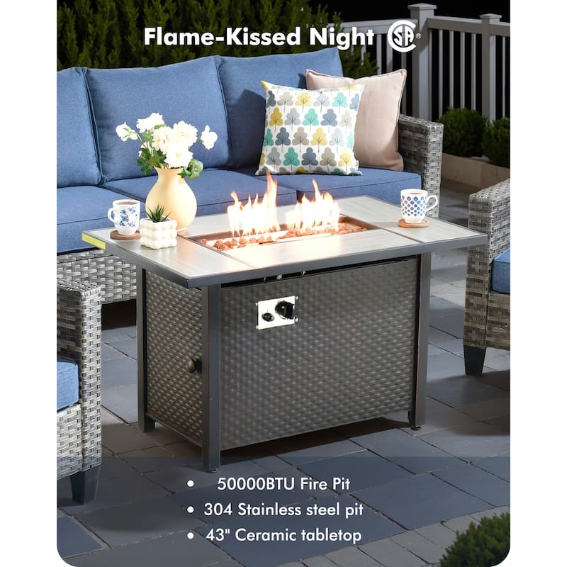 OVIOS 7 Pieces Patio Furniture Set with Solar-Powered Table & Fire Pit