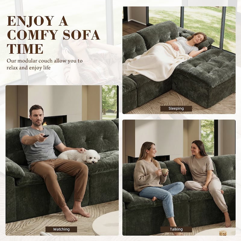 Rossetta L-Shaped Modular Chenille Cushioned Extreme Comfort Sofa with Detachable Backrest and Armrests, 1 Removable Ottoman