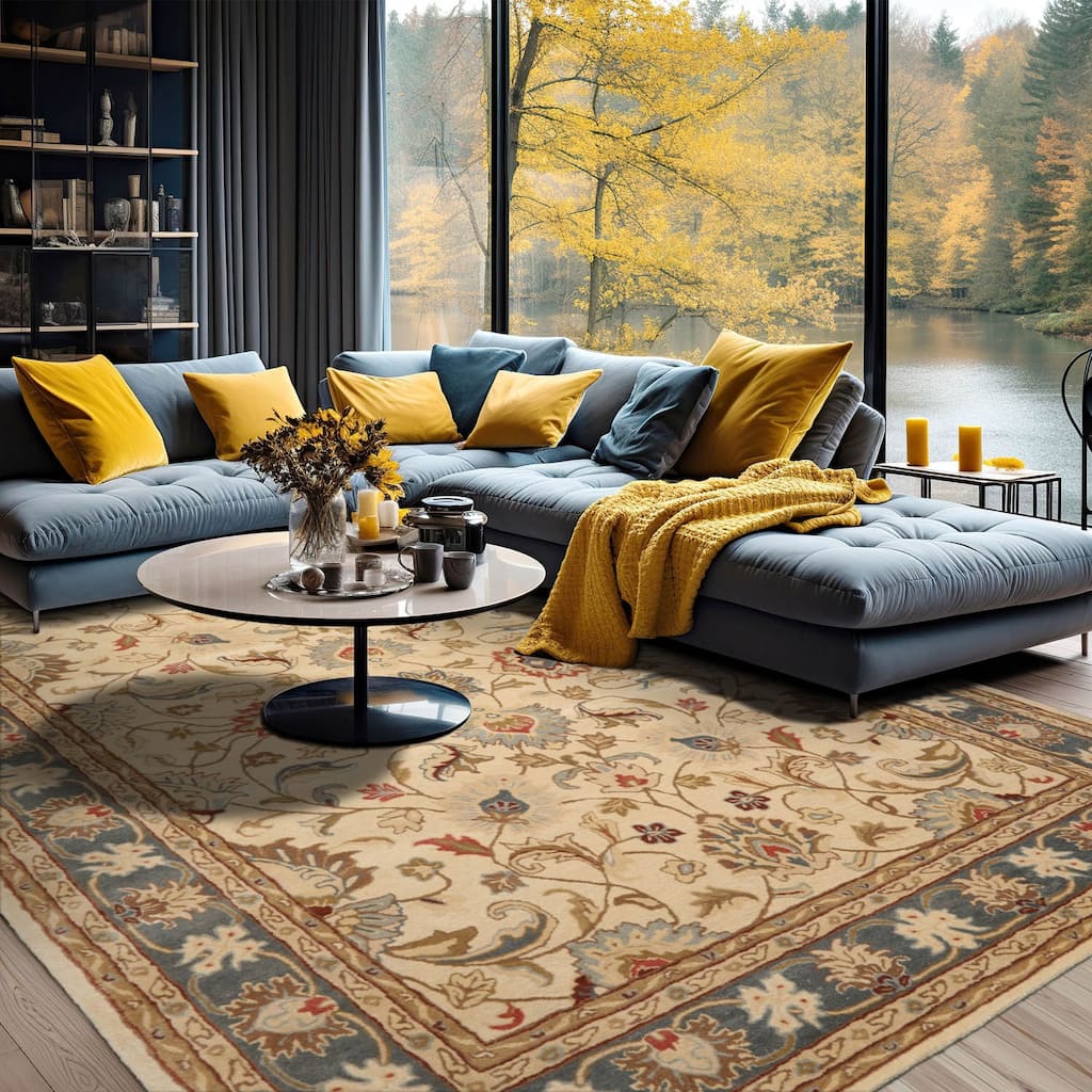 Beige Traditional Botanical Wool Oriental Area Rug 8x11 Hand Tufted - 8' 1'' x 10' 10''