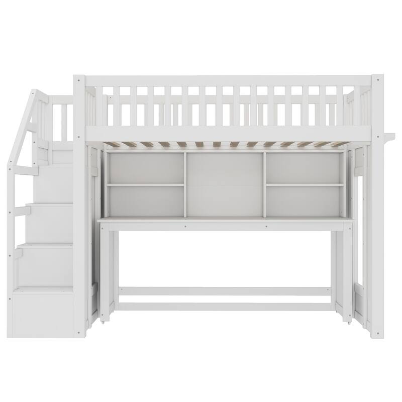 Children's Bedroom Solid Wood Loft Bed with Movable Desk, Storage Stairs, Shelves, Safety Guardrails and Optional Full or Twin