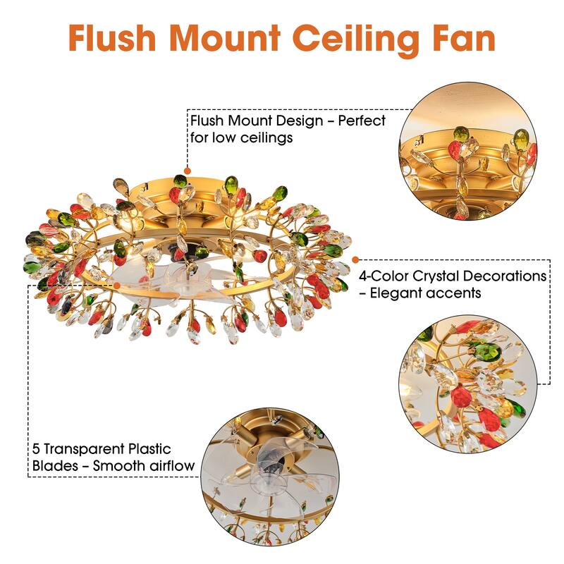 23" Modern Gold 4-Light Crystal Low-Profile Flush Mount Ceiling Fan with Remote