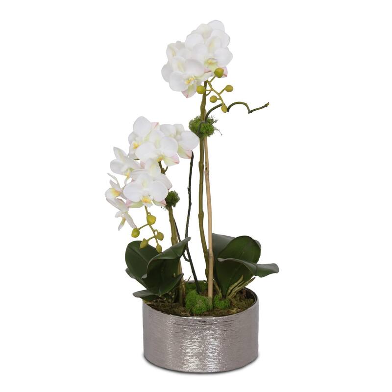 Real Touch White Orchid Flower Arrangement in Round Silver Ceramic Pot - 10W x 8D x 15H