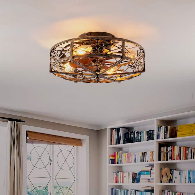 Cusp Barn 20'' Industrial Flush Mount Ceiling Fan with Lights and Remote, Rustic Reversible DC Motor 6 Speeds Caged Ceiling Fan - Antique Bronze