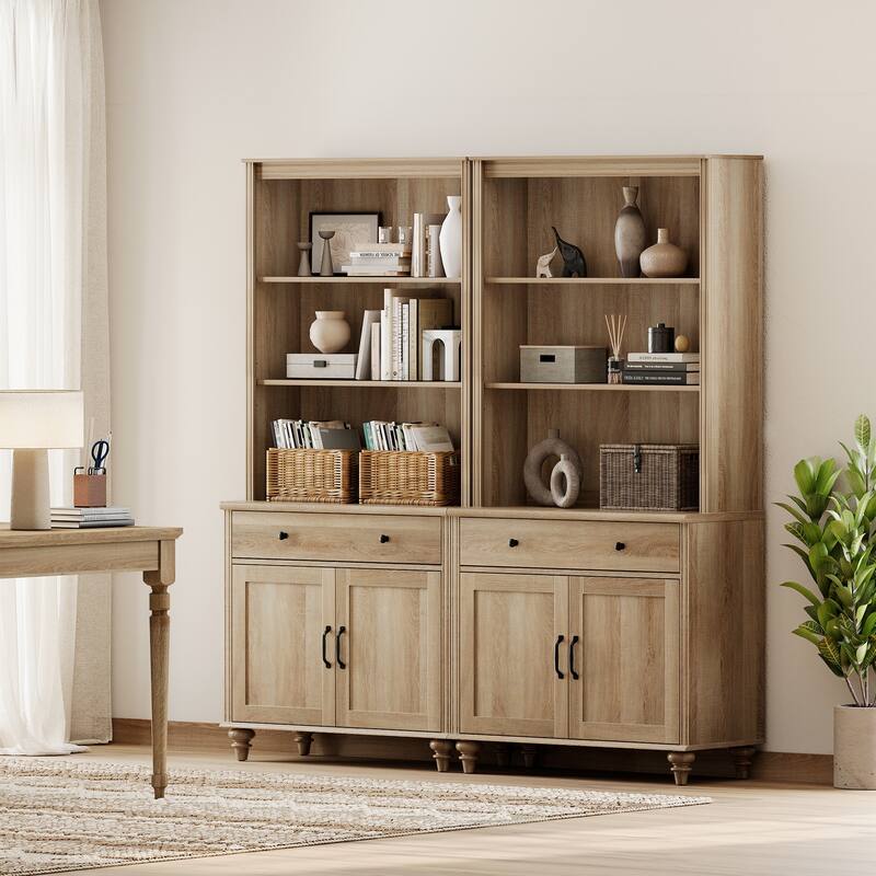 Oak Bookcase with Doors, Large Wood Farmhouse Book Case Shelf