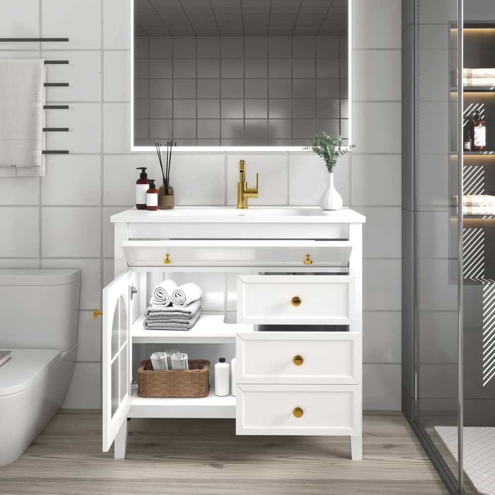 Freestanding 36" Bathroom Vanity Sink Cabinet with Motion-sensor Light Strip, Patterned Glass & Drawers