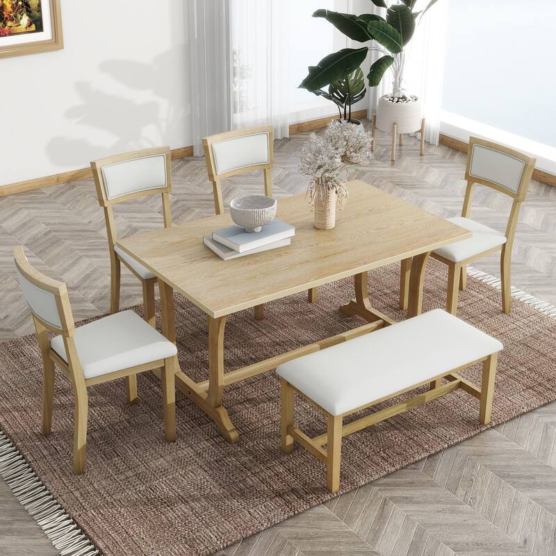 Farmhouse 6Piece Trestle Dining Table Set with Upholstered Dining