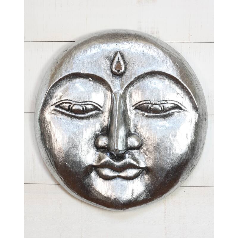 Wooden Moon Face Wall Art Hand Carved Crescent Moon Mask, Rustic Boho Home Decor Accent - Silver 12"