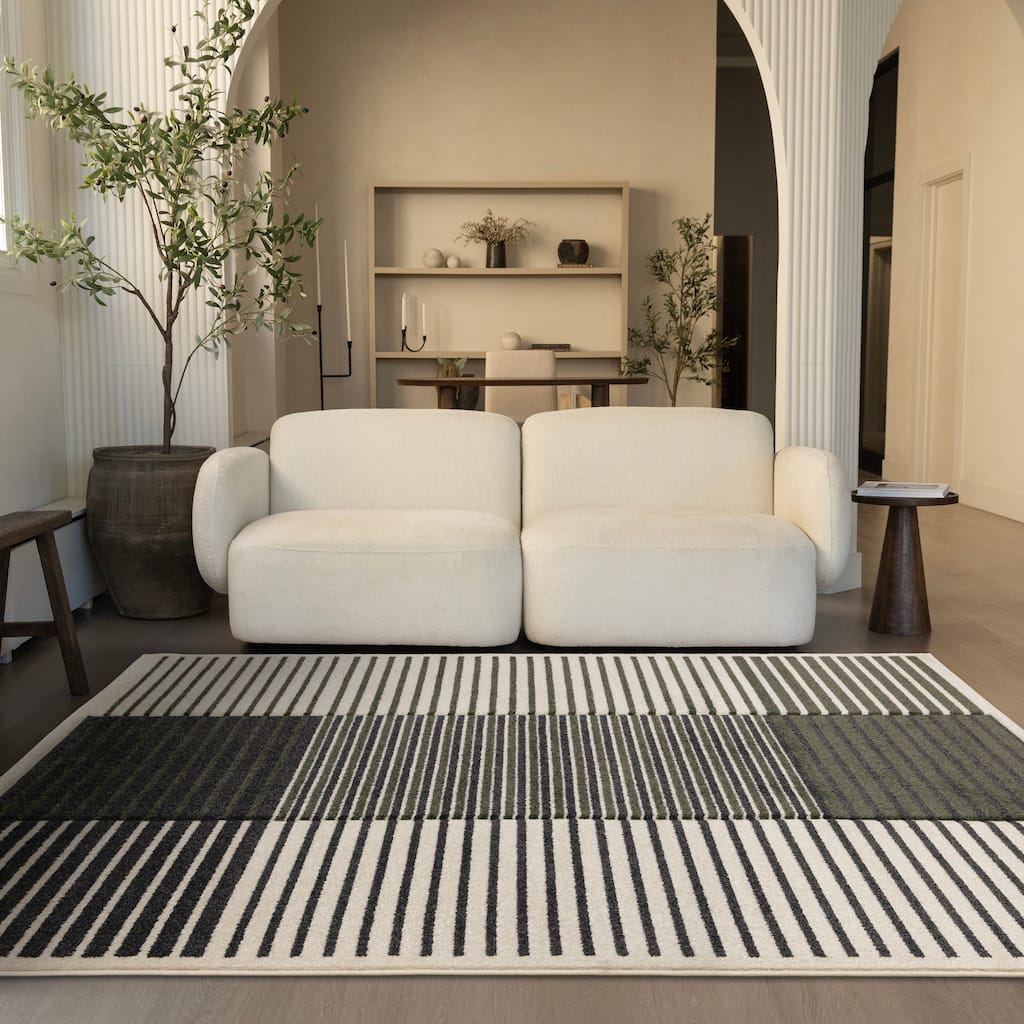 Green Black White Modern Striped High-Traffic Area Rug
