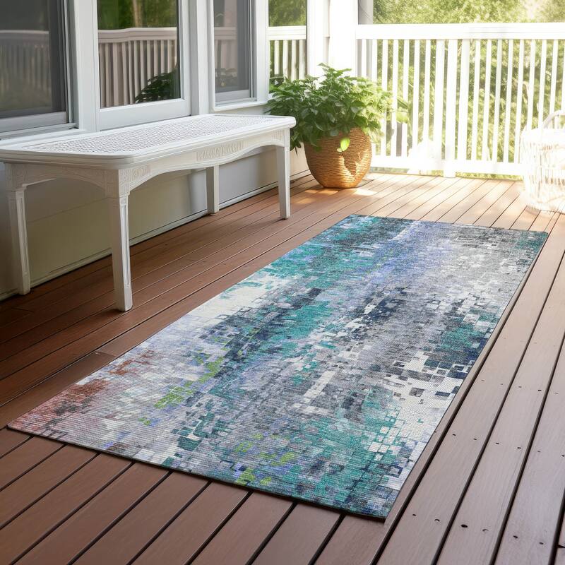 Machine Washable Indoor/ Outdoor Abstract Pixels Chantille Rug - Teal - 2'3" x 7'6"