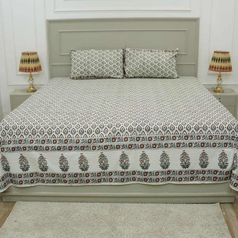 Fabdivine Cotton Hand Block Floral Flat Sheet Bed Room Home Décor Accent Gift - Paan Patti- Sage Green, Brown - Twin