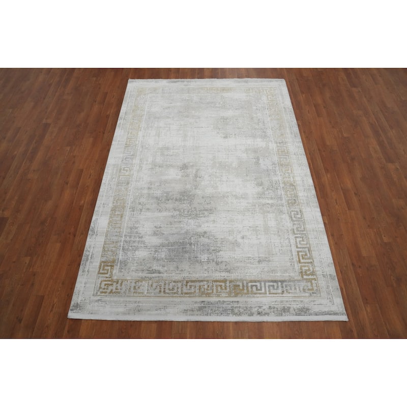 Machine Made Oriental Polyester Carpet Bordered Greys & Charcoal Distressed Area Rug - 7' 5'' X 5' 2''