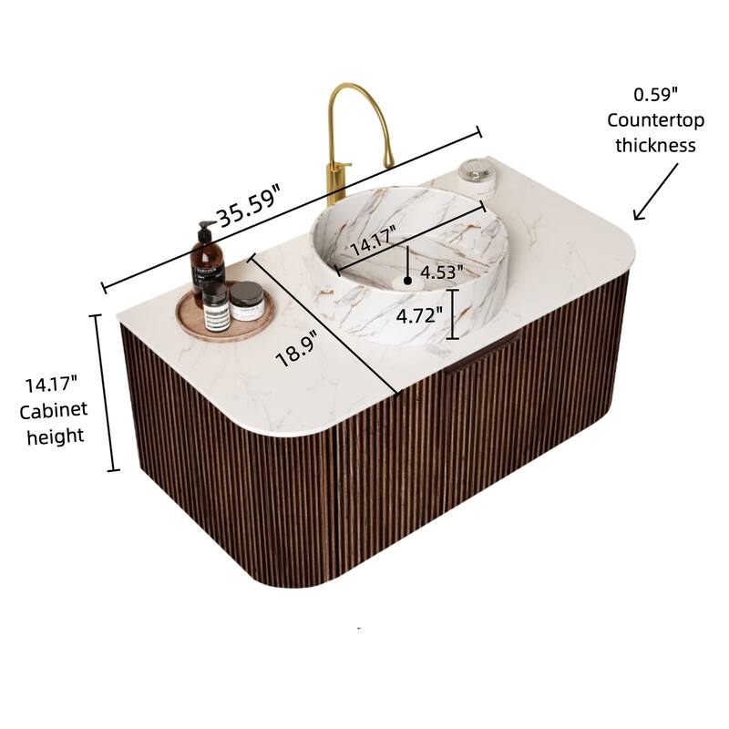 24 Inch/30 Inch/36 Inch Wall-Mounted Bathroom Vanity Cabinet with Counter Top Sink, Round Ceramic Basin with Stone Pattern