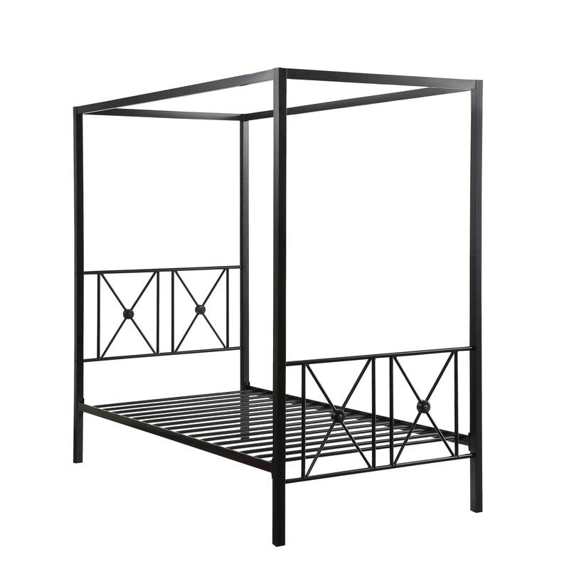 Twin/Queen Size Metal Canopy Platform Bed Frame with Double X-Framing, Black Finish, and Medallion Accents.