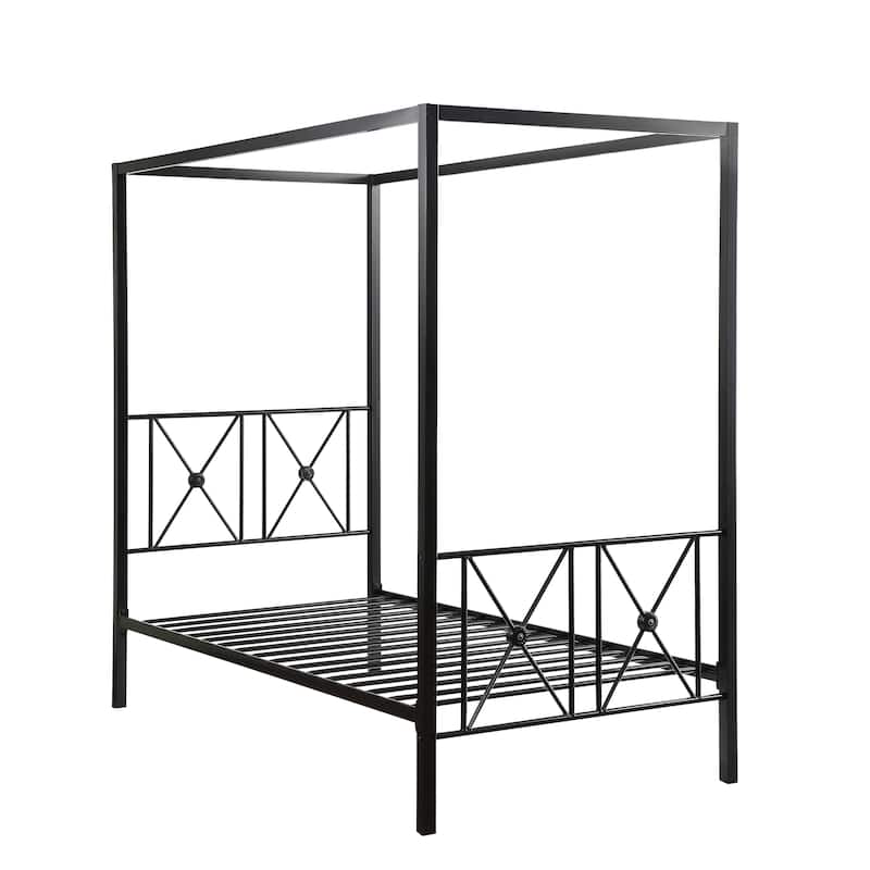 Twin Size Metal Canopy Bed with X-Frame Design and Platform Base