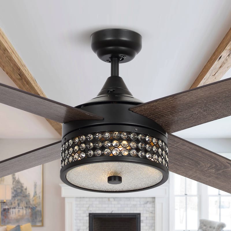 52" Wood 4-Blade Matte Black Crystal Ceiling Fan with Remote