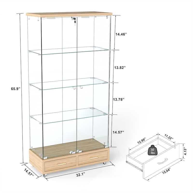 65.9" Modern Glass Display Cabinet with LED Lights, 2 Lockable Drawers & 4 Shelves, Curio Storage Case