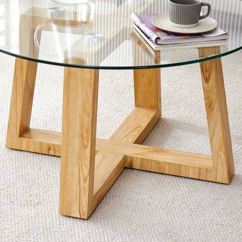 31.5" Modern Round Coffee Table with Tempered Glass Tabletop and Stable Base for Living Room