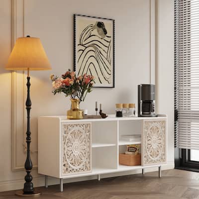 Sideboard Buffet Cabinet with Hollow-Carved Door, Storage Cabinet with Shelves, Kitchen Pantry with Solid Wood Legs