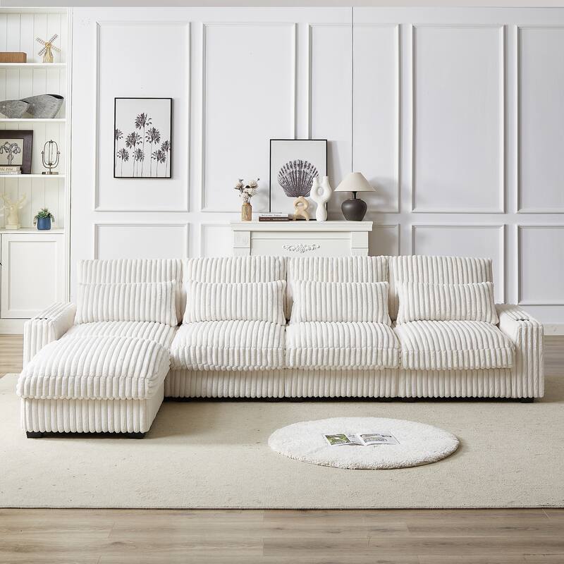 126" Corduroy L-Shaped Sectional Sofa with USB & Cup Holders - Beige