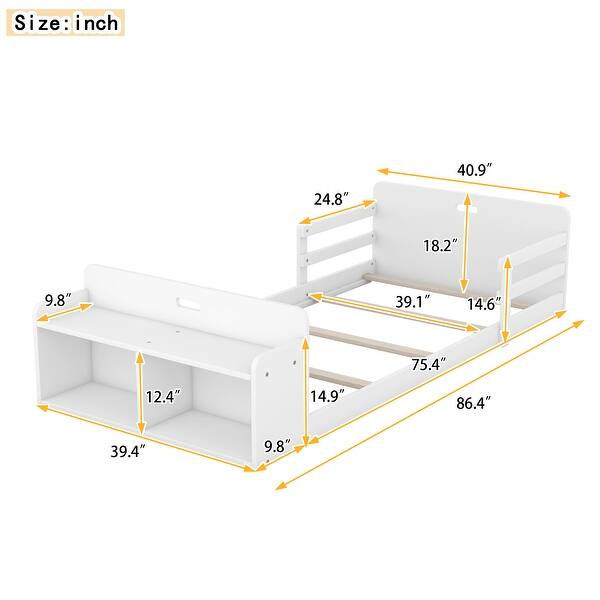 Twin Floor Bed with Guardrail and Storage Footboard, White