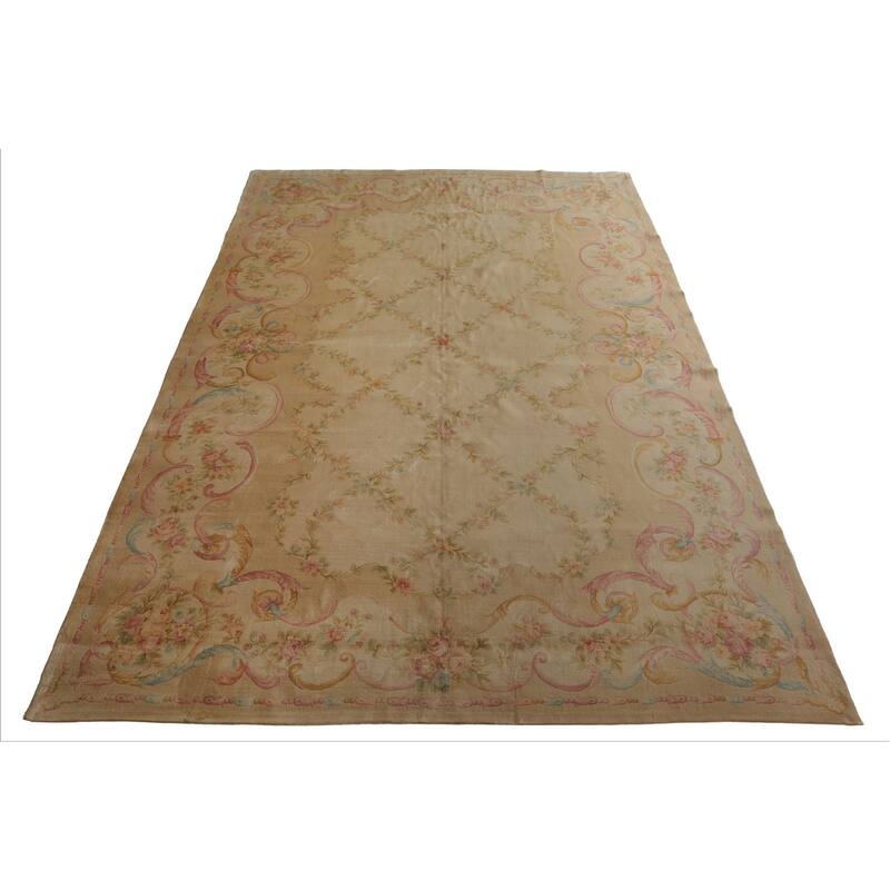 12x18 Hand Knotted Beige Silk Traditional Plush Pile Aubusson Savonnerie Rug - 12' x 18'