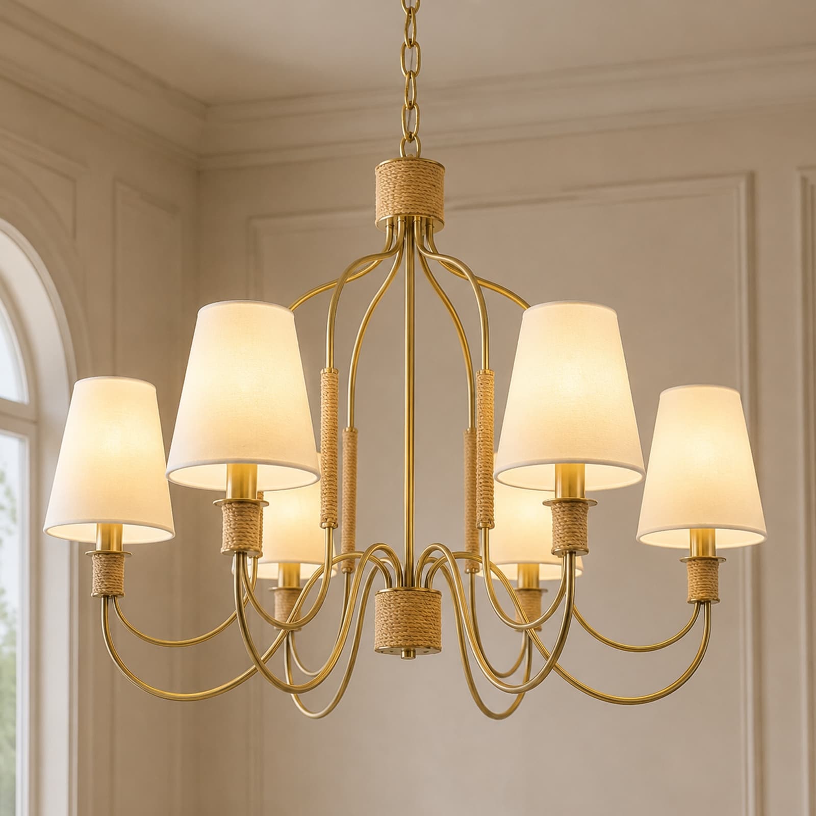 6-Light Farmhouse Coastal Brushed Brass Chandelier with White Fabric Shades and Rope Accents - 32.4 in. Dia x 24.4 in. H