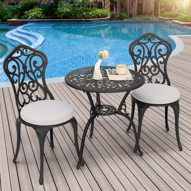 Patio 3-Piece Cast Aluminum Bistro Set with Cushions, Umbrella Hole