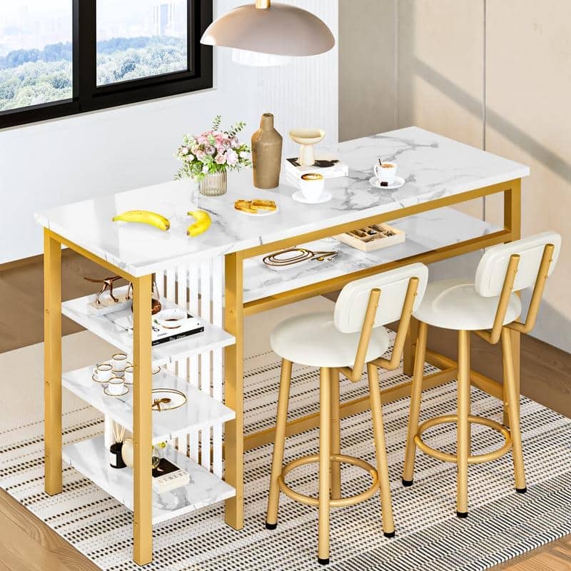 3-Piece Dining Room Table Set with 2 Upholstered Bar Stools, Modern Farmhouse Bar Table Set for 2 with Multiple Tier Shelves