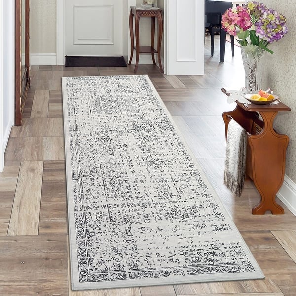 slide 2 of 10, Floral Machine Washable Area Rug Traditional Floor Cover Foldable Thin Rug Non Slip Carpet Gray - 2'x6'